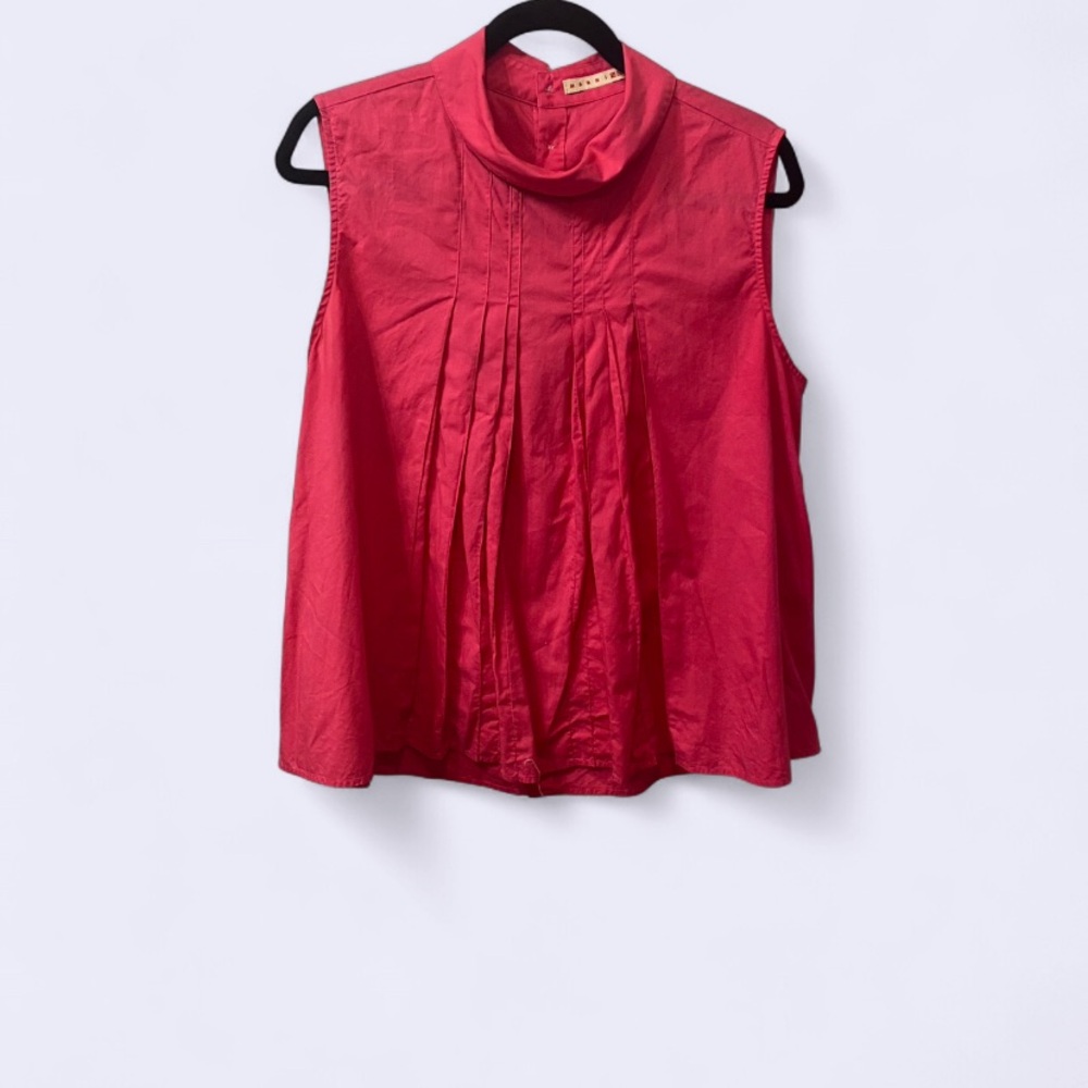 Marni for Uniqlo Red/Pink Pleated Blouse with Mandarin Collar